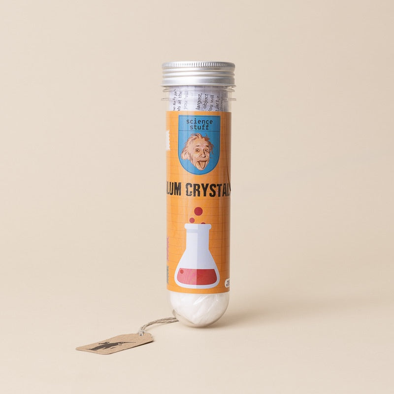 A cylindrical glass vial with a silver screw cap, filled with white crystal-like beads or salt and wrapped in an orange label. The label features a portrait of Albert Einstein, the text 'albert stuff', and 'ALUM CRYSTALS', along with a beaker illustration.