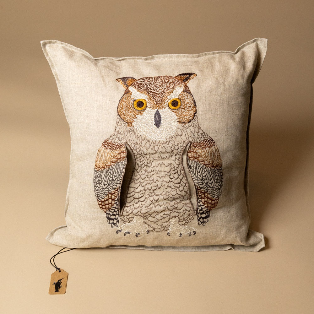 embroidered-pocket-pillow--mama-owl with an owl design on a beige background