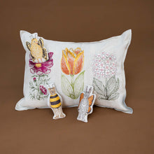 Load image into Gallery viewer, detail-image-of-hydrangea-tulip-and-cosmo-flower-along-with-bird-bear-and-bunny-pillow-friends