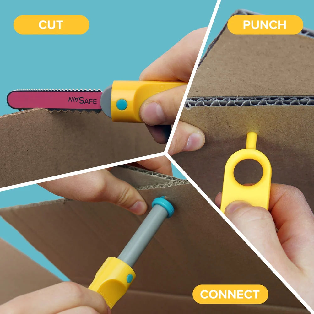 Three panels showing a paper cutter, puncher, and connector tool on cardboard with labeled functions.