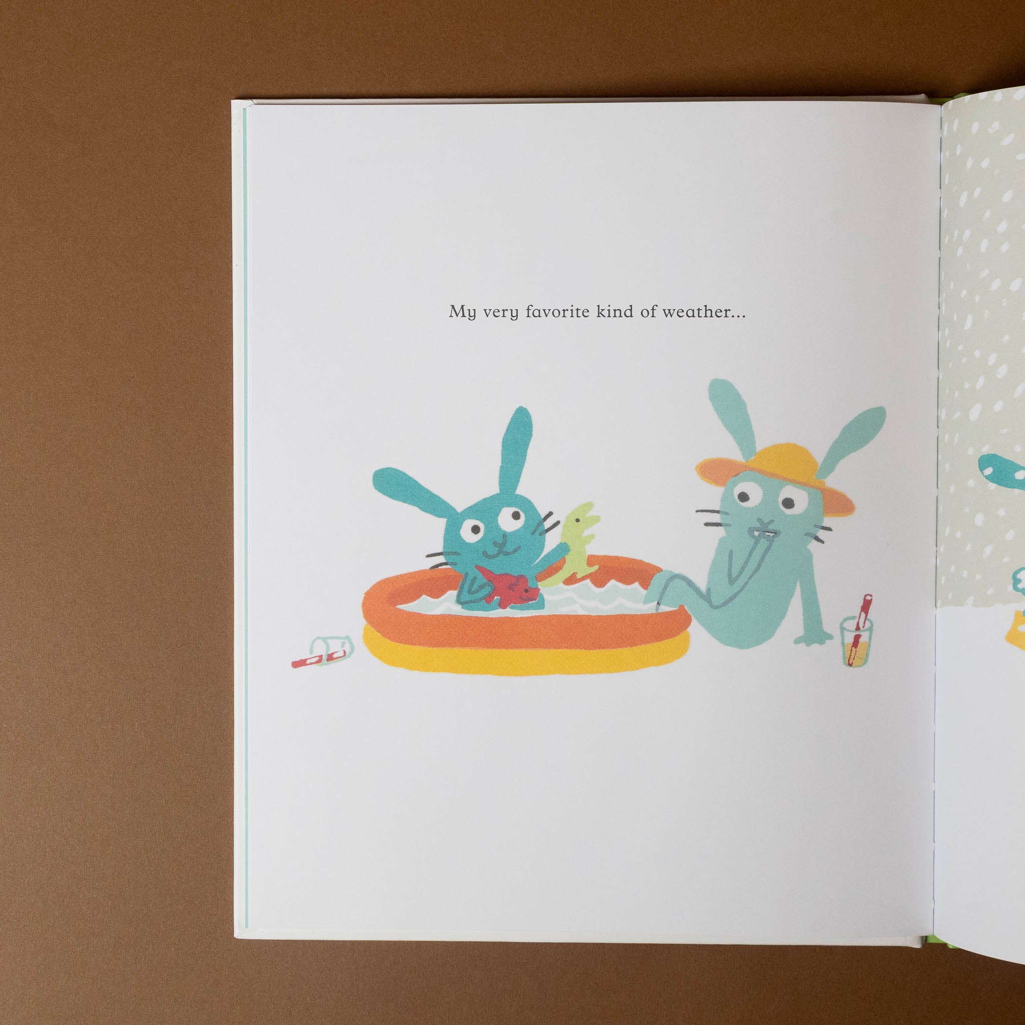 Illustration of two cartoon characters by a pool with text 'My very favorite kind of weather...' on a brown background.