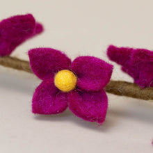 Load image into Gallery viewer, felt-flower-stalk-cerise-close-up-four-petals-with-yellow-center