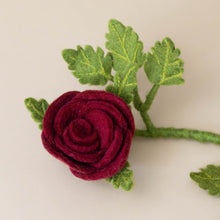 Load image into Gallery viewer, close-up-rose-petals-and-leaves-felt-long-stem-rose-ruby