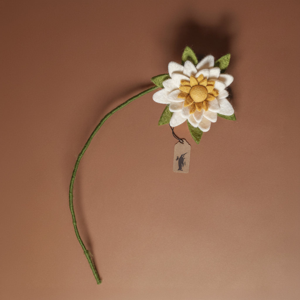felt-water-lily-stem-white Felt flower with a tag on a brown background