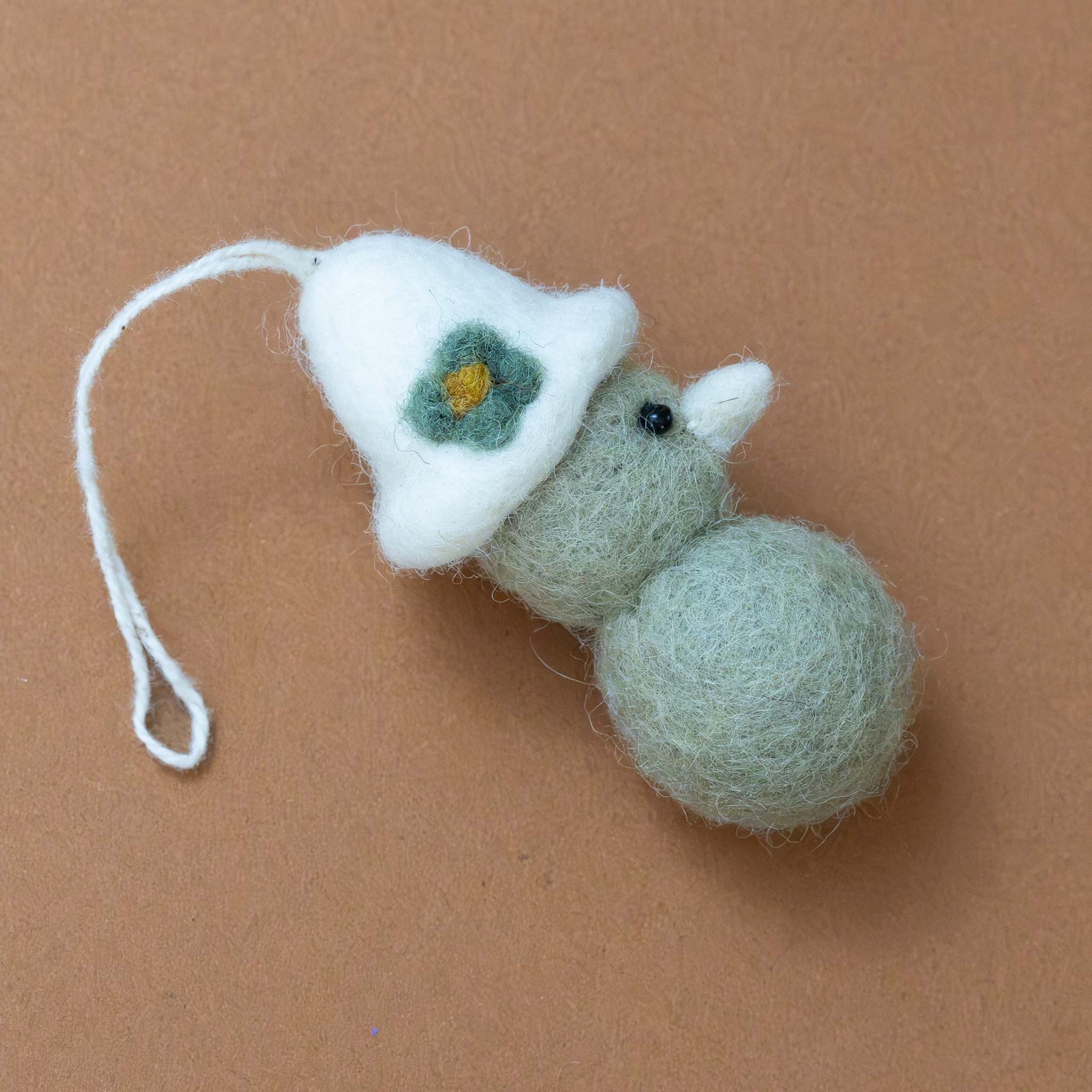 Felted Chickie Ornament with Garden Hat | Sage