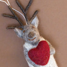 Load image into Gallery viewer, closeup-felted-grey-deer-ornament--heather-overalls-with-heart