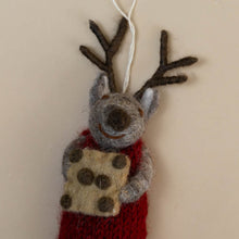 Load image into Gallery viewer, closeup-felted-grey-deer-ornament-red-knit-dress-with-baking-tray