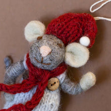 Load image into Gallery viewer, closeup-felted-grey-mouse-ornament--heather-overalls-with-red-hat-and-scarf