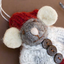 Load image into Gallery viewer, close-up-felted-grey-mouse-ornament--red-dress-with-jacket-and-hat