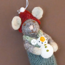 Load image into Gallery viewer, close-up-felted-grey-mouse-ornament-green-overalls-with-red-hat-and-snowman