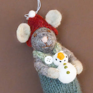 close-up-felted-grey-mouse-ornament-green-overalls-with-red-hat-and-snowman