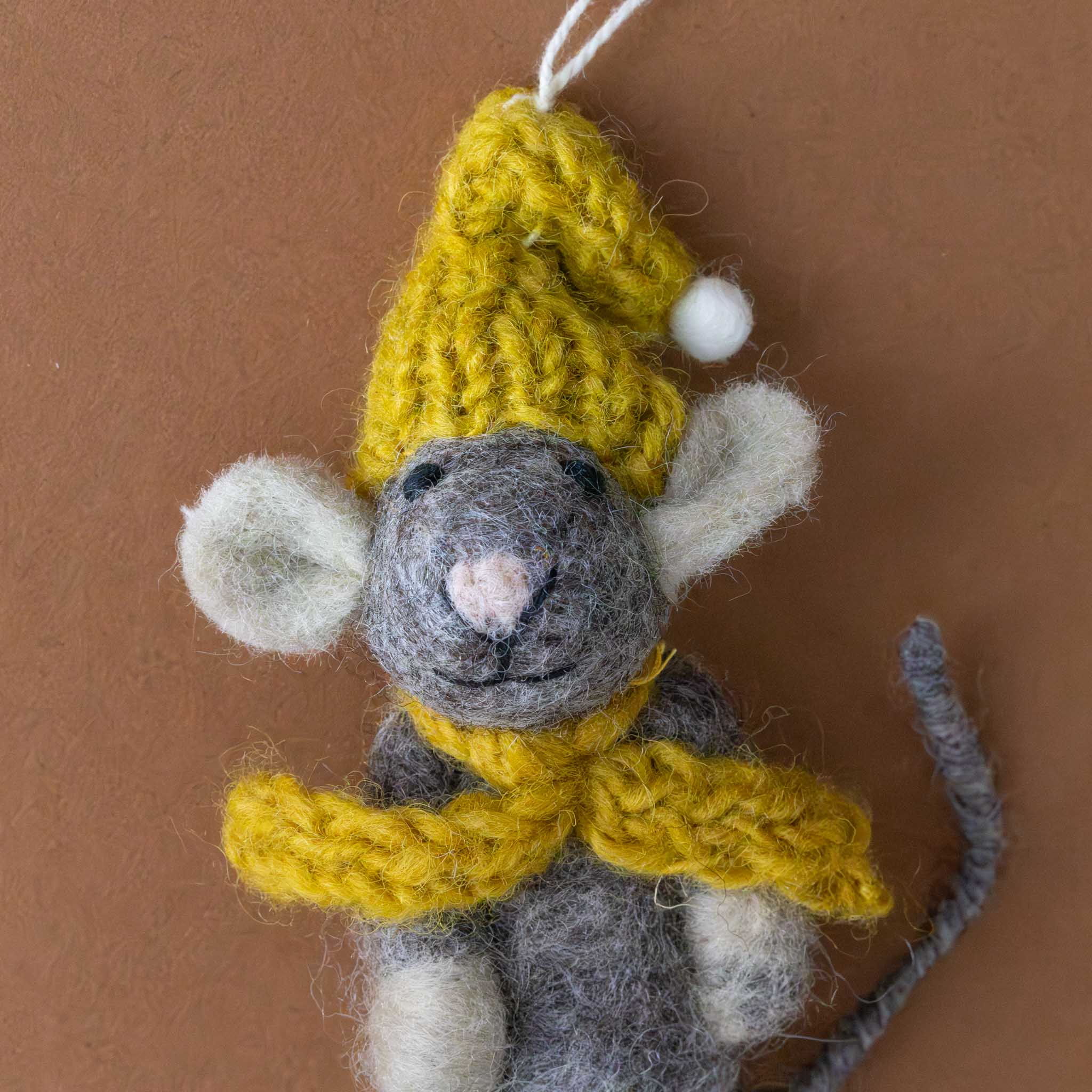 felted-grey-mouse-ornament-ochre-hat-and-scarf