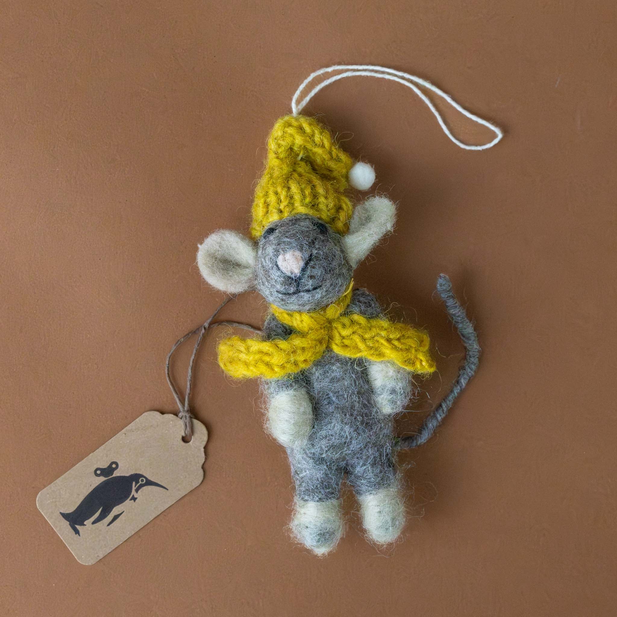 felted-grey-mouse-ornament-ochre-hat-and-scarf