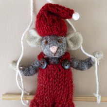 Load image into Gallery viewer, felted-grey-mouse-ornament-red-overalls-on-swing