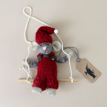 Load image into Gallery viewer, felted-grey-mouse-ornament-red-overalls-on-swing