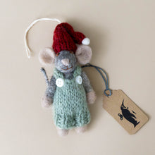 Load image into Gallery viewer, felted-grey-mouse-ornament-with-green-overalls