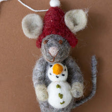 Load image into Gallery viewer, felted-grey-mouse-ornament-with-snowman