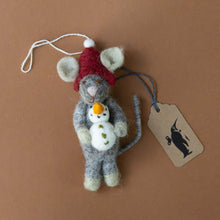 Load image into Gallery viewer, felted-grey-mouse-ornament-with-snowman