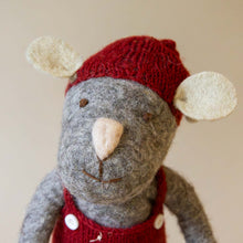 Load image into Gallery viewer, felted-grey-mouse-face-with-blush-nose-and-cream-ears-topped-with-red-hat
