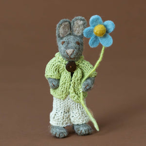 felted-grey-rabbit-ornament-green-jacket-with-blue-anemone