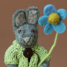 Load image into Gallery viewer, felted-grey-rabbit-ornament-green-jacket-with-blue-anemone