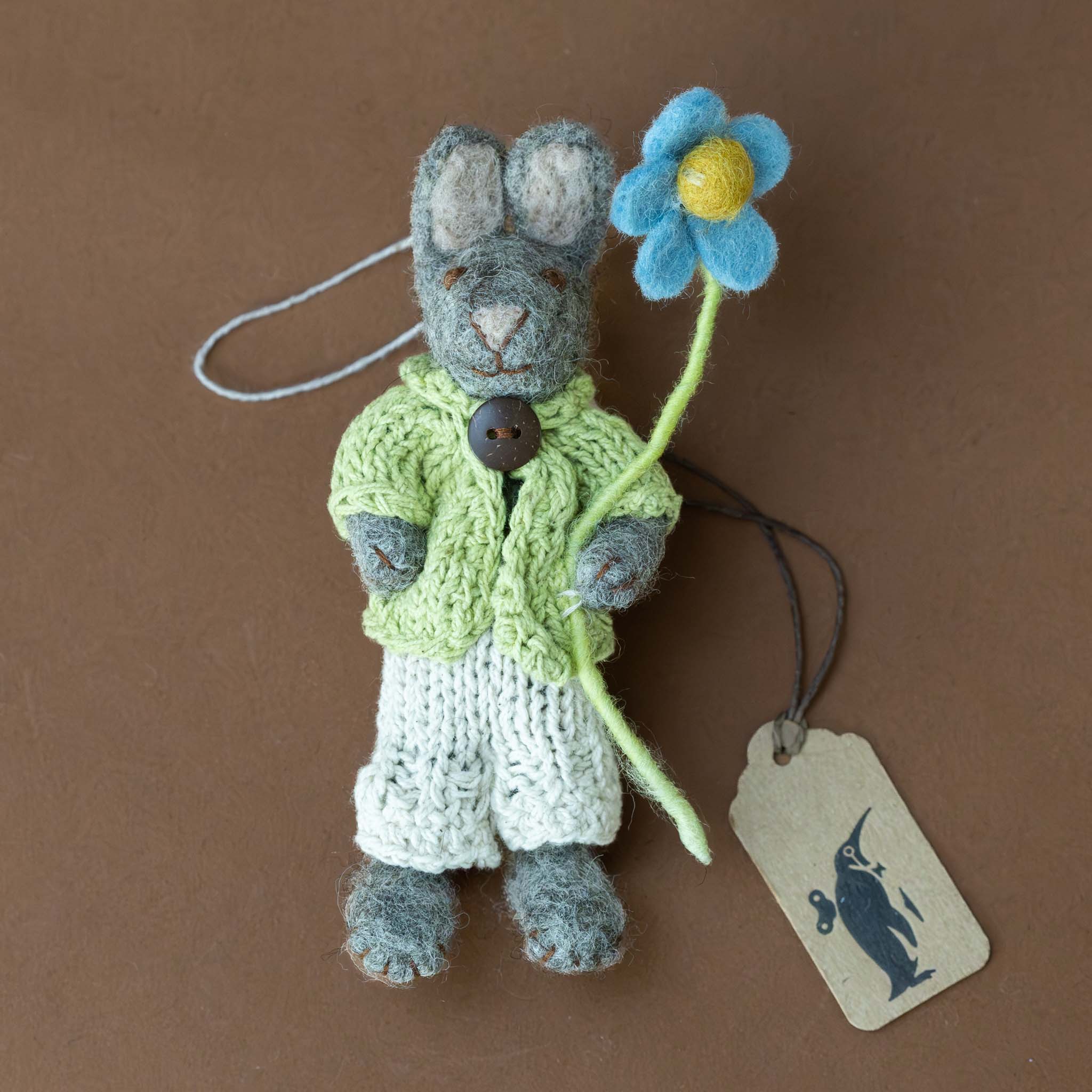 felted-grey-rabbit-ornament-green-jacket-with-blue-anemone