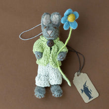 Load image into Gallery viewer, felted-grey-rabbit-ornament-green-jacket-with-blue-anemone
