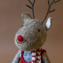 Load image into Gallery viewer, face-of-felted-rudolf-deer-with-red-round-nose-and-antlers