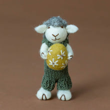 Load image into Gallery viewer, felted-grey-sheep-ornament--green-overalls-with-ochre-egg-