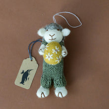 Load image into Gallery viewer, felted-grey-sheep-ornament--green-overalls-with-ochre-egg-