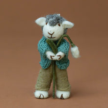 Load image into Gallery viewer, felted-grey-sheep-ornament-teal-jacket-with-snowdrop-standing
