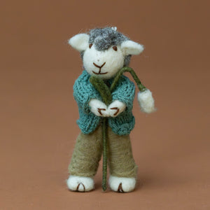 felted-grey-sheep-ornament-teal-jacket-with-snowdrop-standing