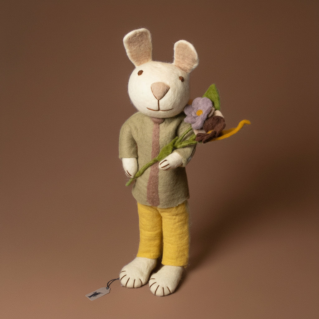 felted-jumbo-white-rabbit-mint-shirt-with-flower-bouquets on a brown background