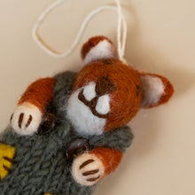 Load image into Gallery viewer, close-up-felted-red-fox-ornament-green-knit-dress