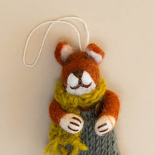 Load image into Gallery viewer, closeup-felted-red-fox-ornament-green-knit-overalls-and-ochre-scarf