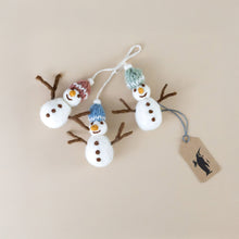 Load image into Gallery viewer, felted-snowman-with-knit-hats-ornament-trio-pink-blue-green-hats