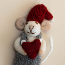 Load image into Gallery viewer, closeup-felted-white-mouse-ornament--grey-knit-dress-with-heart
