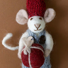 Load image into Gallery viewer, felted-white-mouse-ornament-blue-overalls-with-red-present