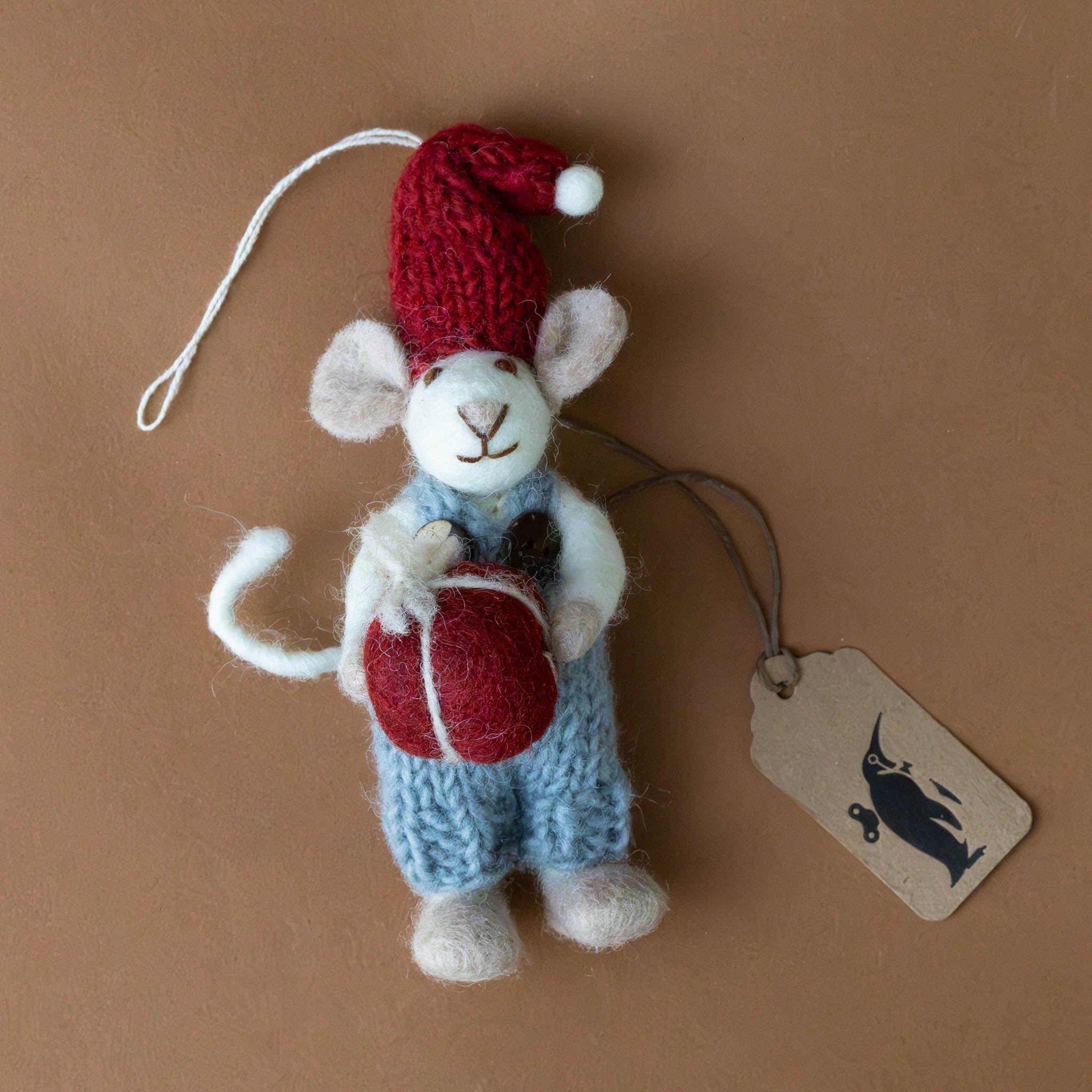 felted-white-mouse-ornament-blue-overalls-with-red-present