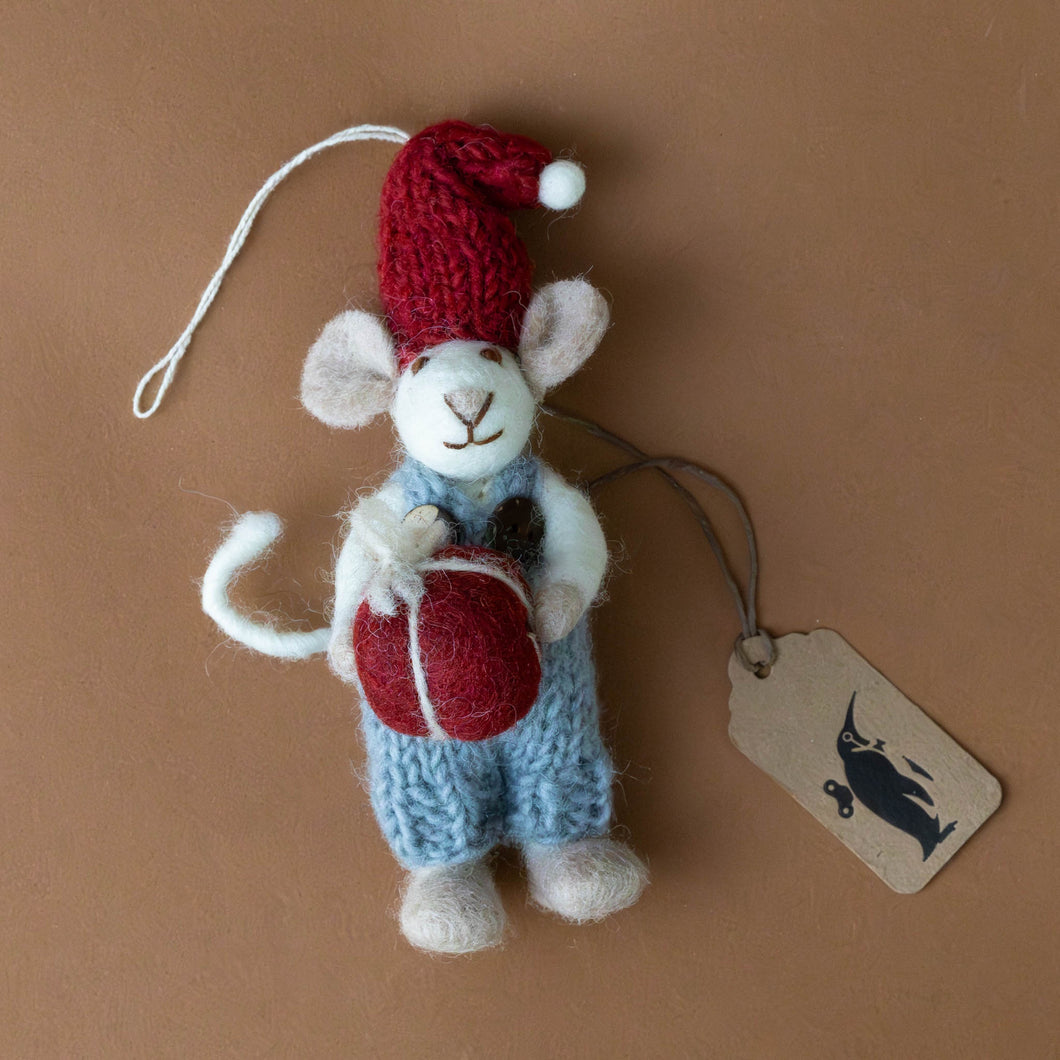 felted-white-mouse-ornament-blue-overalls-with-red-present