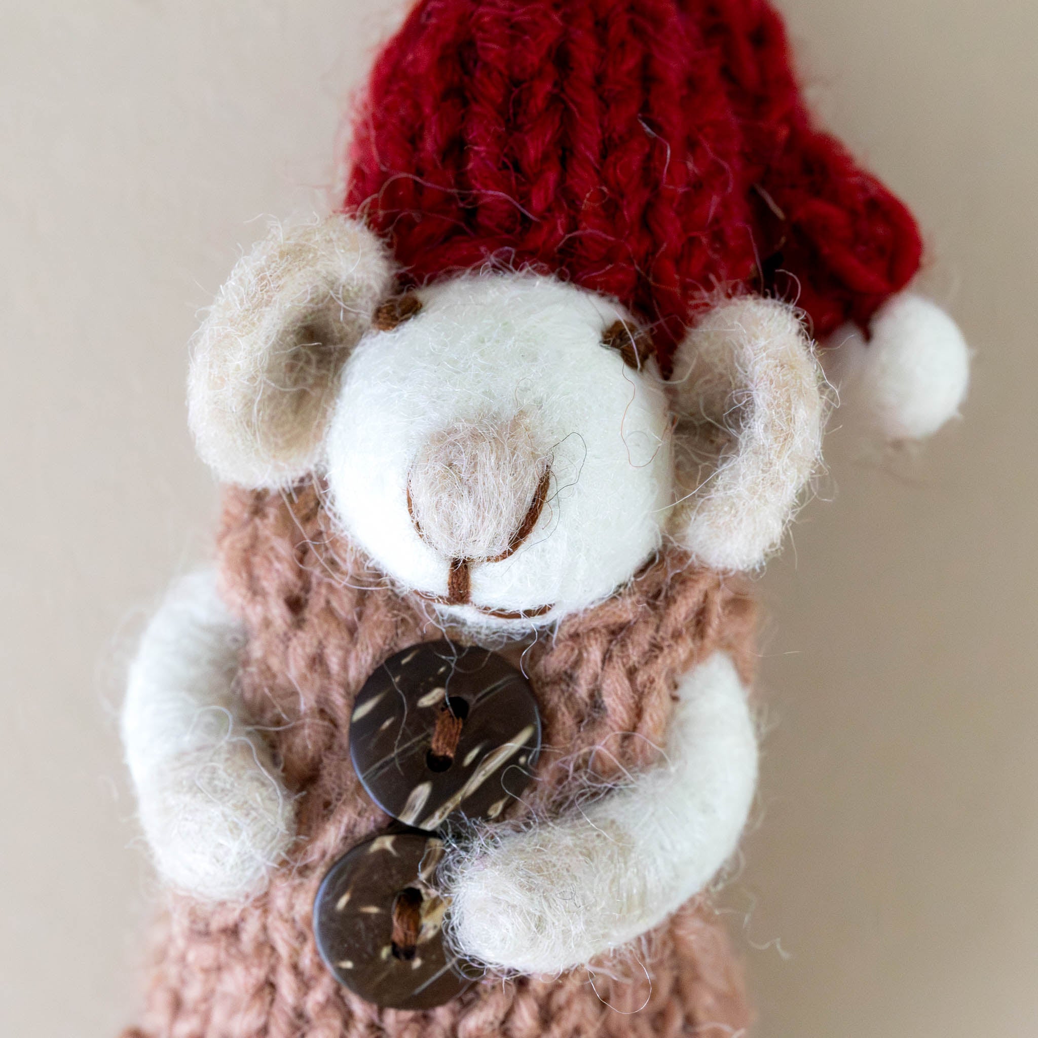 felted-white-mouse-ornament-mauve-dress-brown-buttons-and-red-hat