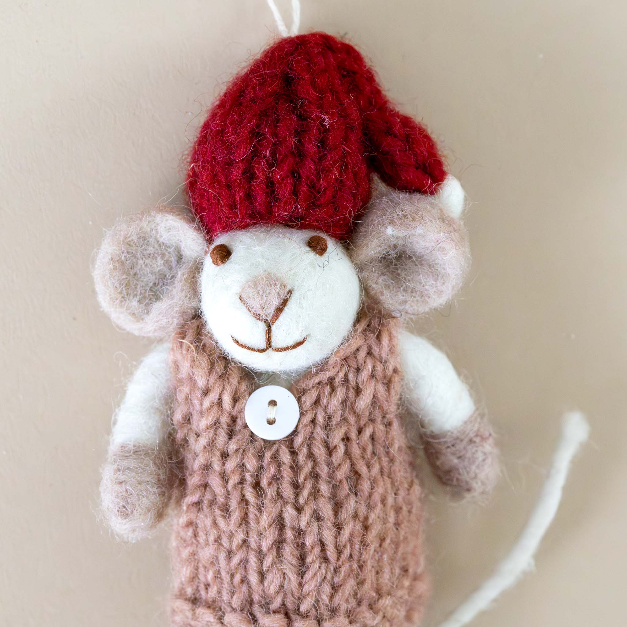 felted-white-mouse-ornament-mauve-dress-white-button-and-red-hat