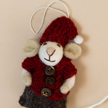 Load image into Gallery viewer, closeup-felted-white-mouse-ornament-red-dress-with-skirt-and-hat