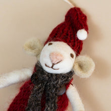 Load image into Gallery viewer, closeup-felted-white-mouse-ornament-red-overalls-and-hat