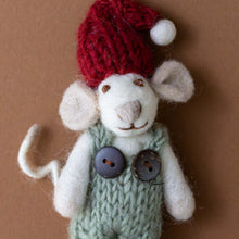 Load image into Gallery viewer, felted-white-mouse-ornament-sage-overalls-and-red-hat