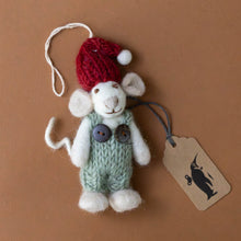 Load image into Gallery viewer, felted-white-mouse-ornament-sage-overalls-and-red-hat