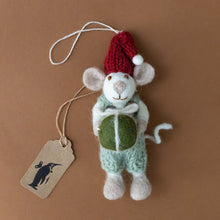 Load image into Gallery viewer, felted-white-mouse-ornament-sage-overalls-with-green-present