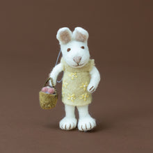 Load image into Gallery viewer, felted-white-rabbit-ornament-flax-flower-dress-with-rose-egg-basket-standing