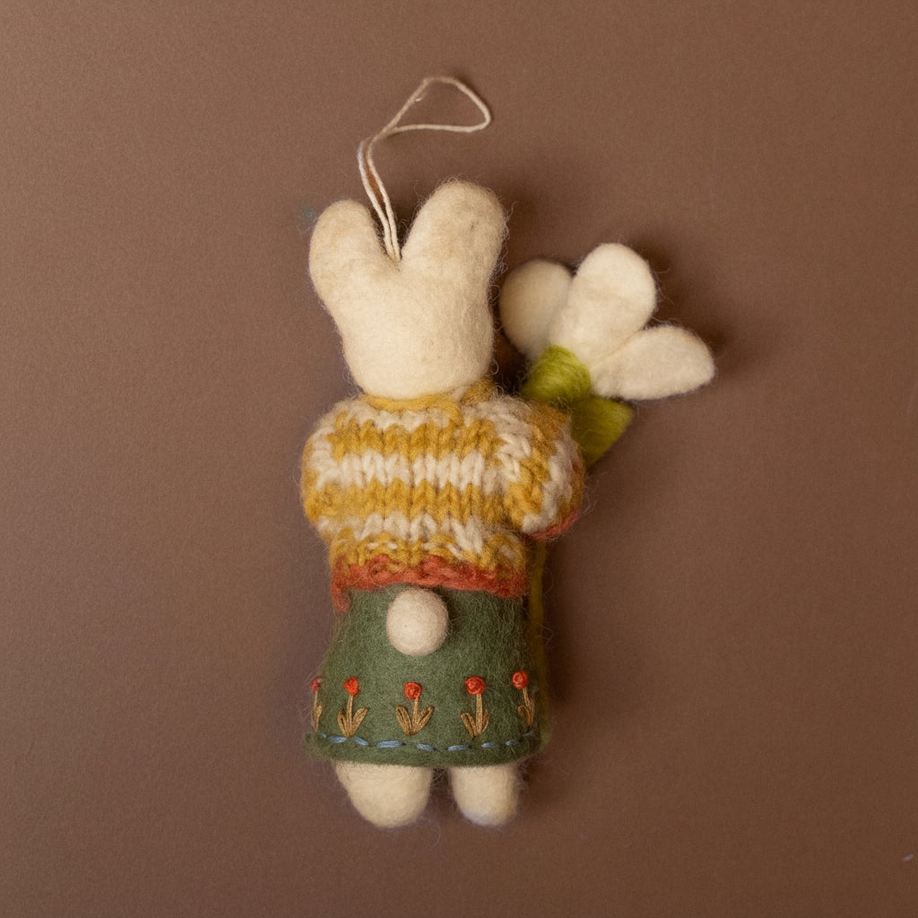 Felted White Rabbit Ornament | Striped Sweater with Snowdrop