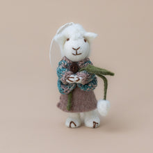 Load image into Gallery viewer, felted-white-sheep-ornament--marble-mauve-sweater-with-snowdrop-standing